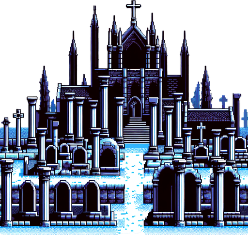 A pixel art large background in a Super Nintendo, Super Castlevania style with an open world like cemetery, 3/4 viewpoint
 
Single Game Texture. In-Game asset. 2d. Blank background. High contrast. No shadows.