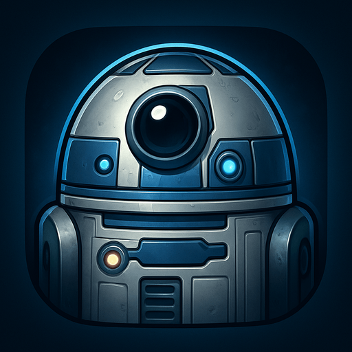 A stylized app or game icon featuring the head of a compact, dome-shaped sci-fi droid. The droid has a shiny metallic silver and blue color scheme, a round central photoreceptor "eye," and various small lights, sensors, and panels. The design is friendly and futuristic, with clean mechanical details and a slightly worn metallic finish. The background is dark or softly glowing with blue tones, highlighting the droid’s silhouette. Square or circular layout, 1024x1024 resolution, high detail, concept art style. Inspired by classic sci-fi utility robots, fully original and suitable for use without copyright concerns..
In-Game asset.  2d.  High contrast.  No shadows