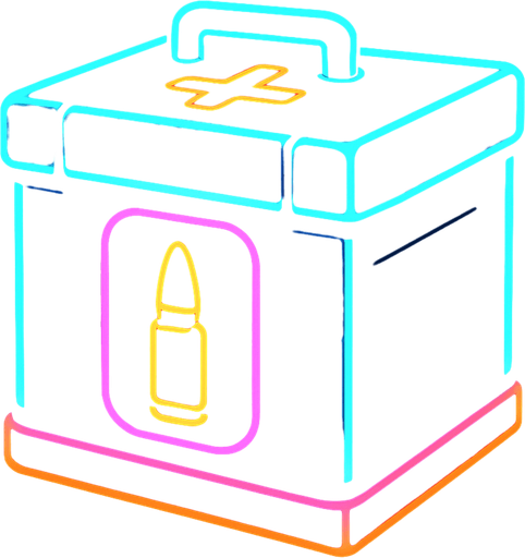 Üstünde mermi resmi olan bir hava yardım kutusu. Neon ışıklı.
In-Game asset.  2d.  High contrast.  No shadows