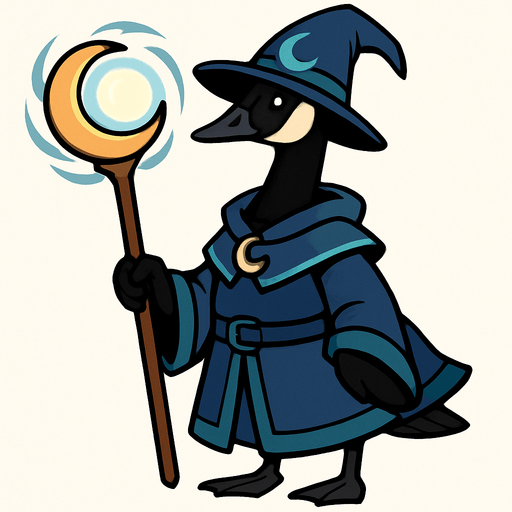 A Canadian Goose in Moon Mage Outfit with Moonlight Magic Staff.
In-Game asset.  2d.  High contrast.  No shadows