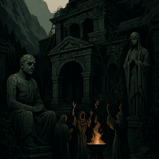 A forgotten mountain temple shrouded in shadow, stone statues with cracks, cloaked worshippers performing a dark ritual, vines crawling over walls, realistic.
In-Game asset.  2d.  High contrast.  No shadows