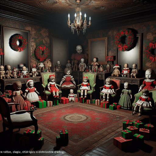 Eerie Christmas-inspired doll room similar to a resident evil room
Single Game Texture. In-Game asset. 2d. Blank background. High contrast. No shadows.