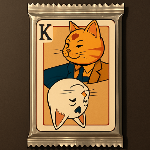 A booster pack of collectible cards in the plastic packaging. On the package is a picture of these two cats as if they are the King on a card in a deck of regular playing cards. The orange one is on top facing left and the bottom one is the white one facing right, side profile, just like a king on a regular playing card. There is a K in the top left corner to mark the King, but no suit.