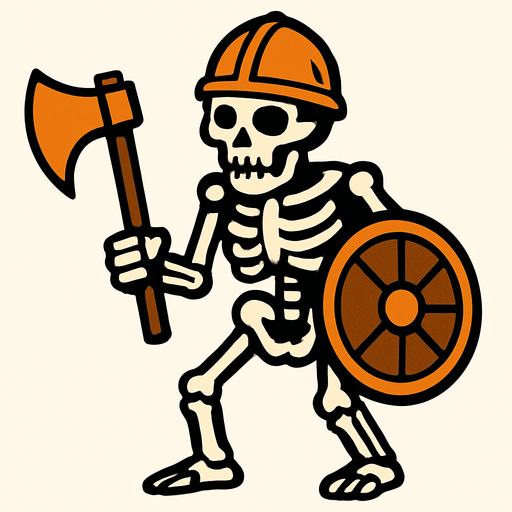 un esqueleto grande, con un hacha, un caso y escudo.
In-Game asset.  2d.  High contrast.  No shadows
