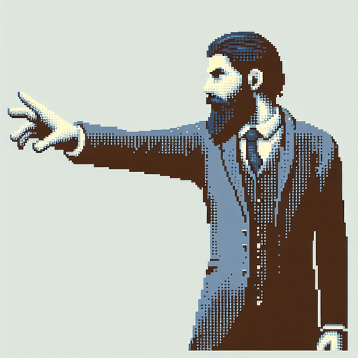 Create a single bearded man in a suit reaching out holding an imaginary weapon, I want him generated in 32 bit graphic style and i want to see his entire body.
Single Game Texture. In-Game asset. 2d. Blank background. High contrast. No shadows.