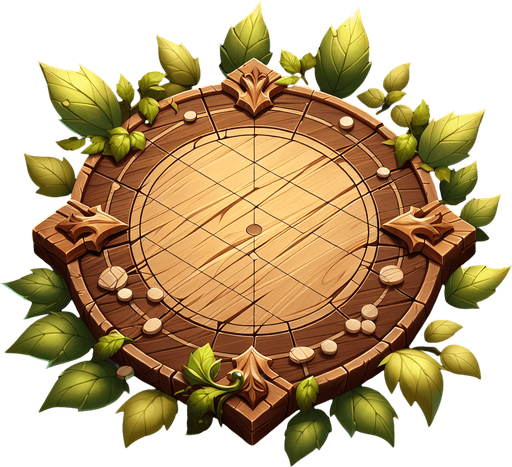 A wooden play board with leaves. Fantasy.
Single Game Texture. In-Game asset. 2d. Blank background. High contrast. No shadows.
