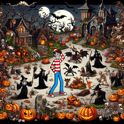 Generate a high quality cartoon background Halloween image on a black canvas similar to the format of where is waldo with a hellish environment.
Single Game Texture. In-Game asset. 2d. Blank background. High contrast. No shadows.