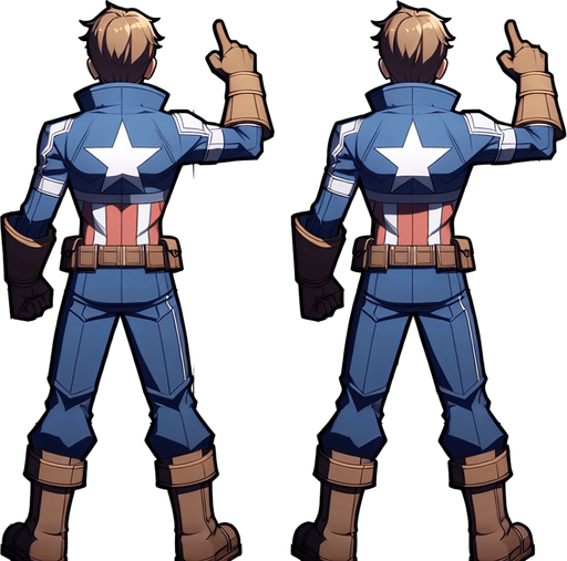 anime captain america bakc view. right hand up standing ready war
Single Game Texture.  In-Game asset.  2d.  Blank background.  High contrast.  No shadows