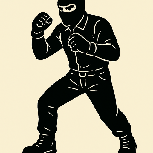 hombre con camisa negra de manga larga, pantalones negros, botas negras y guantes negros y un pasamontañas negro en posicion de combate.
In-Game asset.  2d.  High contrast.  No shadows