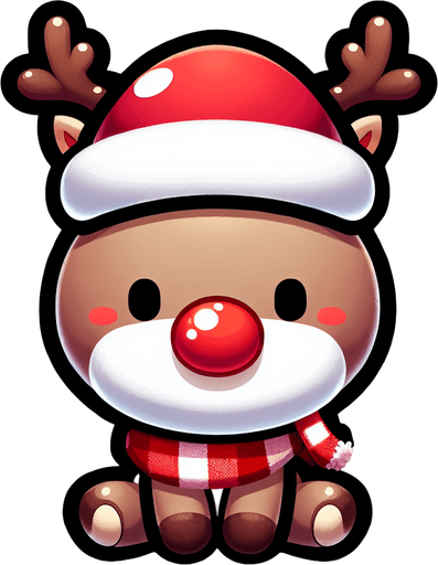 a cute little santa's reindeer with a red nose sitting Single Game Texture. 2d. Transparent background. High contrast. No shadows.