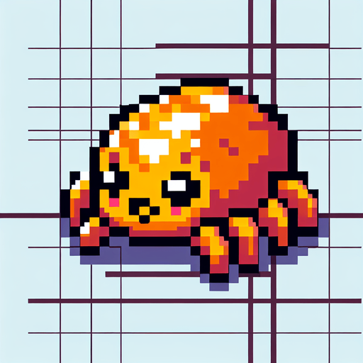 a cute orange-yellow spider, side view, pixel art, fangs, no shadow
Single Game Texture. In-Game asset. 2d. Blank background. High contrast. No shadows.