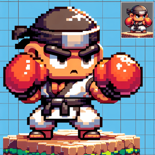 Fighter with 2 fight gloves, full body, mini fighter, big head, chibi.
Single Game Texture. In-Game asset. 2d. Blank background. High contrast. No shadows, detailed pixel art style