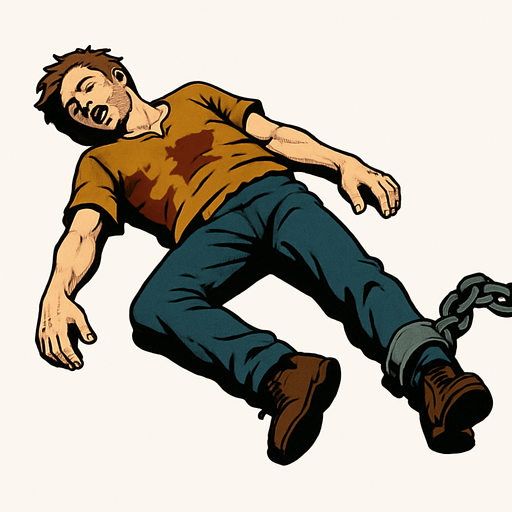 dead body on the ground, a chain on his leg (no ground).
In-Game asset.  High contrast.  No shadows. 3D