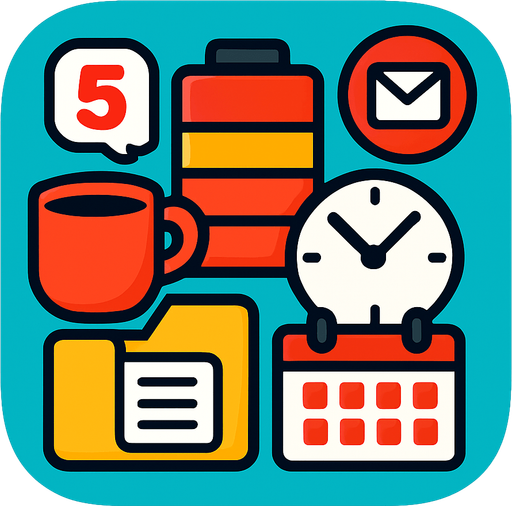 Modern App Store icon, high definition, square with rounded corners, for a game titled "FOMO Simulator: The Meeting That Could've Been An Email" and with the description "A fast-paced office simulator where you collect meetings, emails, and notifications while managing your energy levels. Strategic decisions must be made about which workplace items to prioritize as your energy depletes. Grab coffee for boosts, avoid missing important meetings, and survive the chaotic 60-second workday!". No text on icon!.
In-Game asset.  2d.  High contrast.  No shadows