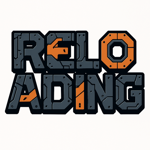 `Reloading` word but mecha style.
In-Game asset.  2d.  High contrast.  No shadows