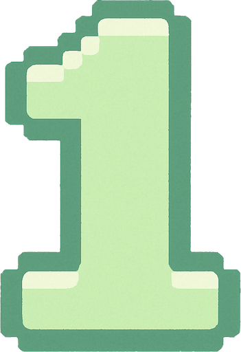 A pixel art number "1" designed for a cozy, cute retro 2D game UI with a bird theme. The number is rendered in soft pastel light green tones to harmonize with the gentle and sweet aesthetic of the game. It has a clean, simple, and rounded pixel style with no harsh edges, fitting perfectly within the pixel art UI style. The number is bold and easily readable at small sizes..
In-Game asset.  2d.  High contrast.  No shadows. pixel art. retro. 2d ui. number. pastel light green. simple. rounded edges. bold. cute. minimal