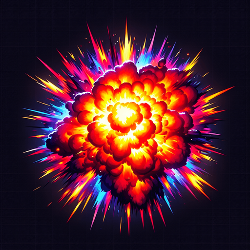 A realistic looking explosion, viewed from above. Bright coloured fire
Single Game Texture. In-Game asset. 2d. Blank background. High contrast. No shadows.