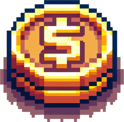 Coin piksel sanatı.
Single Game Texture.  In-Game asset.  2d.  Blank background.  High contrast.  No shadows