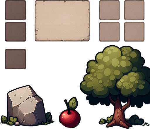 A tree a rock and crambery in a RTS style Single Game Texture. In-Game asset. 2d. Blank background. High contrast. No shadows.