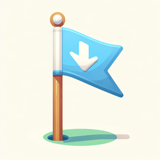 Drapeau de golf avec un flèche vers le bas.
Single Game Texture. In-Game asset. 2d. Blank background. High contrast. No shadows.