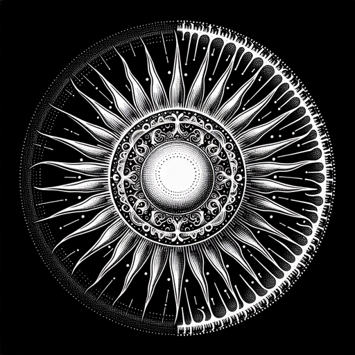 plain white intricate sun icon. black background