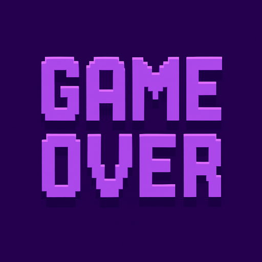 Pixel art “Game Over” text, bold retro arcade style, purple tones, glitch-free, clean and dramatic for rhythm game UI..
In-Game asset.  2d.  High contrast.  No shadows