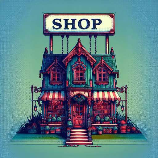 House from the front facing the screen with big sign above it have description "SHOP", Hd colors