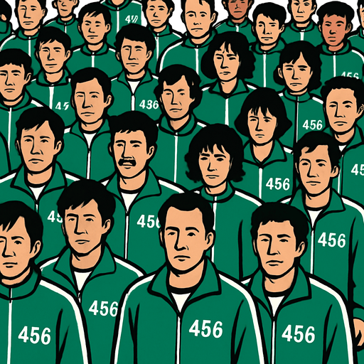 a lot of people in squid game clothes.
In-Game asset.  2d.  High contrast.  No shadows