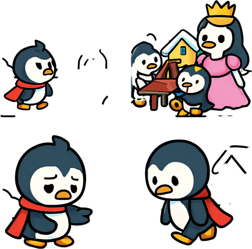 4-panel comic strip, no text, cute cartoon style, bright colors, black outlines.
Characters: Penguin Hero (small, determined) + Penguin Princess (elegant, crown) + Village Penguins
Central Theme: Music connects hearts, piano mastery wins love.  Hero doubts himself, thinks he's not good enough

Panel 1: Hero tries to approach Princess's palace but stops
Panel 2: Sees other talented penguins playing instruments near Princess
Panel 3: Hero looks at his flippers sadly, musical notes are wobbly/off-key
Panel 4: Hero walks away discouraged, head down.
In-Game asset.  2d.  High contrast.  No shadows