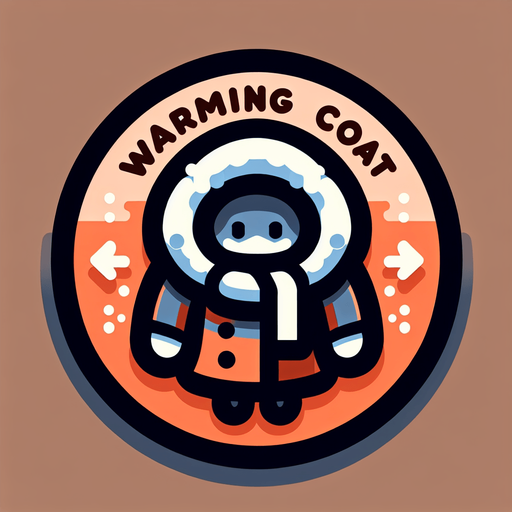icon for santa with a thick warm coat, but his face is very cold, on a circle, with the text at top: "warming coat", cartoon Single Game Texture. In-Game asset. 2d. Blank background. High contrast. No shadows.