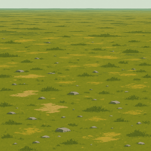 Here’s a prompt for a very distant, wide-angle view of a tree-free forest floor:

**Prompt:**
A very distant, wide-angle aerial view of a tree-free forest floor, showing expansive grassy plains with patches of dirt, scattered rocks, and low vegetation. The terrain stretches far into the horizon with subtle color variations and soft natural lighting, creating a vast, open, and serene natural environment without any trees..
In-Game asset.  2d.  High contrast.  No shadows