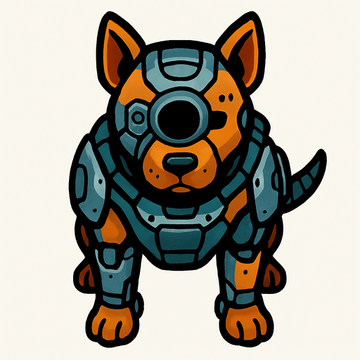Perro ciborg visto desde arriba.
In-Game asset.  2d.  High contrast.  No shadows