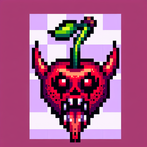 a demonic cherry, pixel style.
Single Game Texture.  In-Game asset.  2d.  Blank background.  High contrast.  No shadows