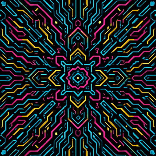 Cyberpunk style kaleidoscope pattern design for homepage.
In-Game asset.  2d.  High contrast.  No shadows