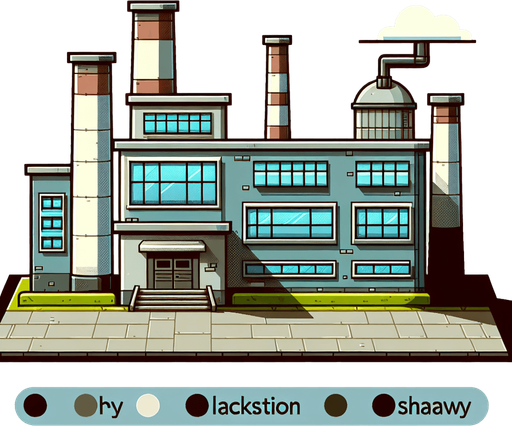 The outside of a factory in a cartoon style.
Single Game Texture.  In-Game asset.  2d.  Blank background.  High contrast.  No shadows