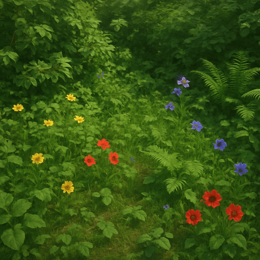 a background full of greenery and some flowers.
In-Game asset.  3d. Realistic
