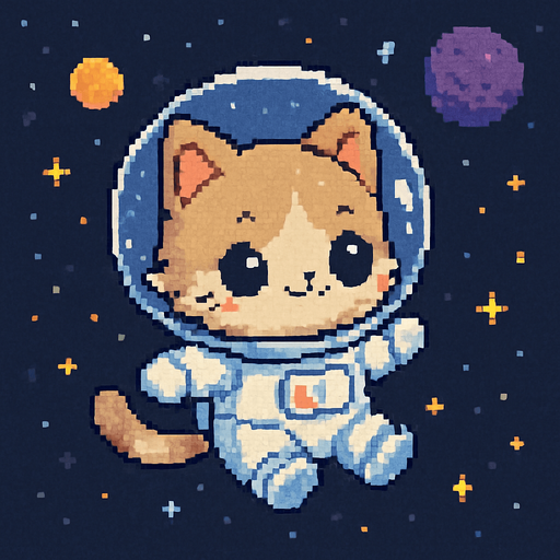 A cute chibi-style anime kitten, dressed in an astronaut suit and drifting through the universe, rendered in Pixel Art.