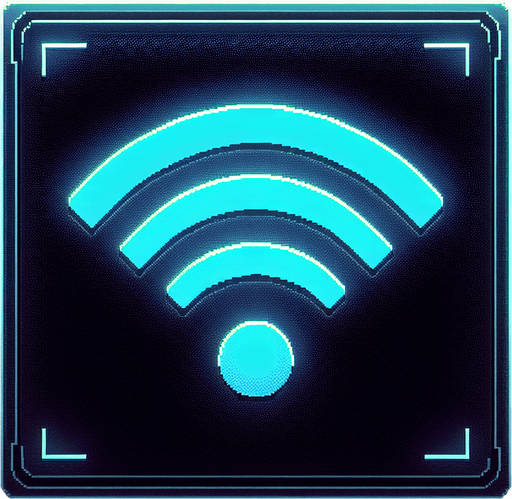 A minimalist UI website icon for a retro hacking app, representing a WiFi connection. The icon features a simple pixel-art style signal symbol with three curved bars radiating outward in blue, evoking a classic WiFi logo. The bars are cleanly rendered with subtle gradients for depth, while a soft neon blue glow surrounds the design to emphasize the cyberpunk aesthetic. The background is dark and minimal, with a faint grid pattern barely visible, aligning with the retro-futuristic theme. The overall design is clean, functional, and perfectly suited for a retro hacking interface.
Single Game Texture. In-Game asset. 2d. Blank background. High contrast. No shadows.