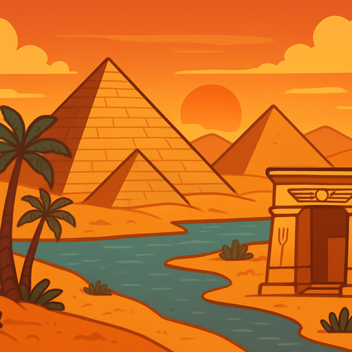 A desert cartoon-style background with pyramids, palm trees, and the Nile river. Add warm sunset tones and Egyptian architectural elements. Great for an Oud-based level..
In-Game asset.  2d.  High contrast.  No shadows