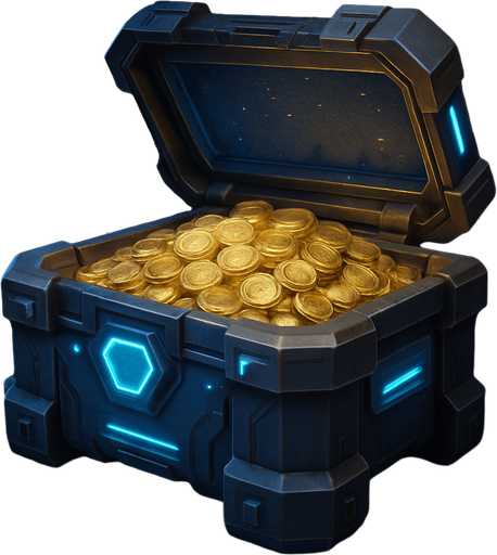 Uzay temalı, içi altın dolu kapağı açık kasa, gerçekçi, 
In-Game asset.  High contrast.  No shadows