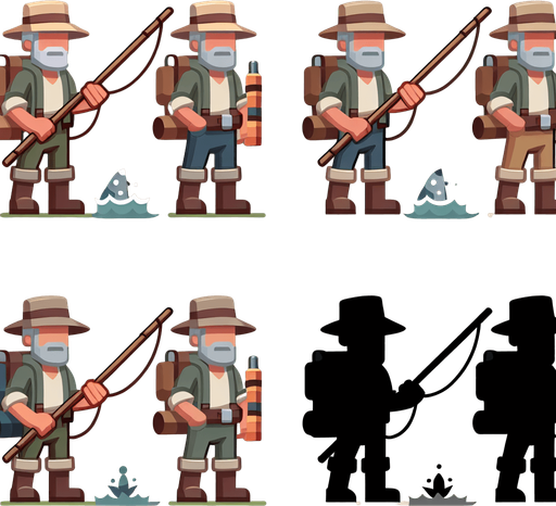 balıkçı animasyon şeklinde.
Single Game Texture.  In-Game asset.  2d.  Blank background.  High contrast.  No shadows