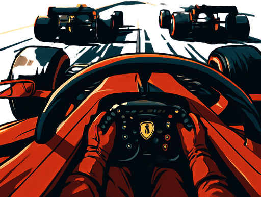 formula 1 start line Only two vehicles in front (from the driver's perspective inside the car).(Don't let the lights show) in the ferrari car. (look like a quality animation)
. High contrast.