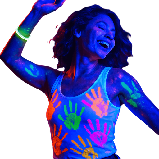 Dancing woman in a white top filled with multi-colored UV ink palm prints. UV luminous bracelet on the arm