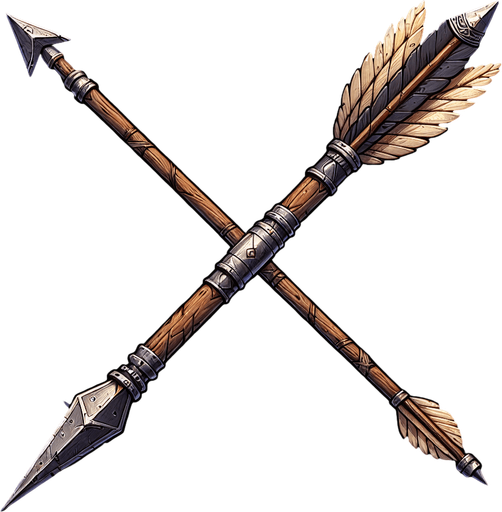 A horizontal handcrafted medieval arrow with a sharp metal tip, sturdy wooden shaft, and feather fletching for stability.
Game asset. Horizontal. Handcrafted look with metallic tip and feather details. High contrast and ready for action.