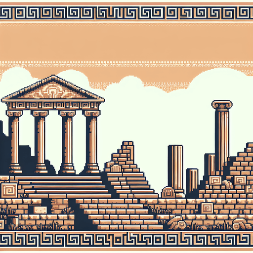 Ancient greece background pixel style ruins.
Single Game Texture.  In-Game asset.  2d.  Blank background.  High contrast.  No shadows