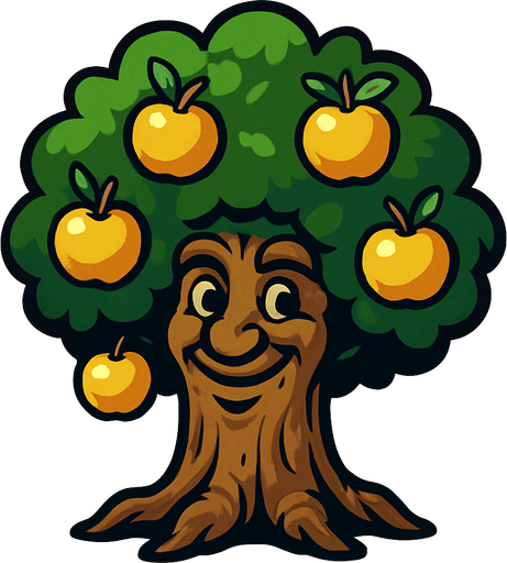 Yüzü olan bir ağaç altın elmalar var.
In-Game asset.  2d.  High contrast.  No shadows