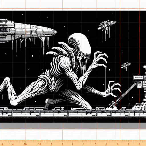 Draw a scary and grotesque alien, similar to the ones from the movie Alien, attacking a spaceship positioned at the bottom of the screen..
Single Game Texture. In-Game asset. 2d. Blank background. High contrast. No shadows.