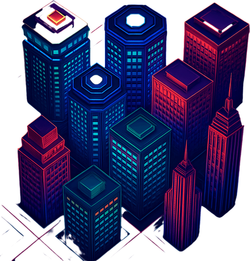 Pack top square of towers facing the screen to use it as a grid. future. seen from above. HD colors.