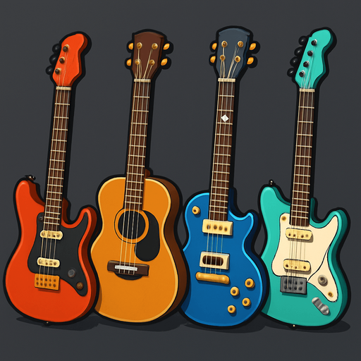 Pack of different guitars.
In-Game asset.  High contrast.  No shadows. 3D