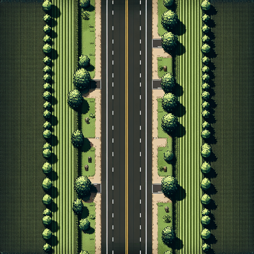 1. **Description Précise** : Je souhaite une représentation d'une route composée uniquement de l'asphalte, sans les éléments habituels qui délimitent les côtés de la route, tels que les trottoirs, les bordures, ou les lignes de démarcation latérales.

2. **Couleur et Texture** : Je souhaite que cette route soit de couleur noire. La texture est celle du goudron.

3. **Éléments de la Route** : Il n'y a pas de panneaux, juste un marquage centrale réglementaire blanc de délimitation entre le cote droit et le cote gauche. Il y a aussi 
 les marquages latéraux composés d'une ligne continue blanche réglementaire.

4. **Perspective et Dimension** : Je souhaite une vue de dessus, pas de perspective en 3D, ni de  vue en angle. Le sens est vertical, c'est à dire qu'on parcours la route en partant du haut vers le bas de l'écran. La largeur est quatre fois moins grande que la hauteur. La largeur de la route en haute l'écran est la même que la largeur en bas de l'écran.

5. **Contexte et Environnement** : il s'agit d'une route de campagne seule. On la regarde d'en haut et on ne voit que la route. L'image de la route commence et fini au bord de la route sur les quatre cotes..
Single Game Texture. In-Game asset. 2d. Blank background. High contrast. No shadows.